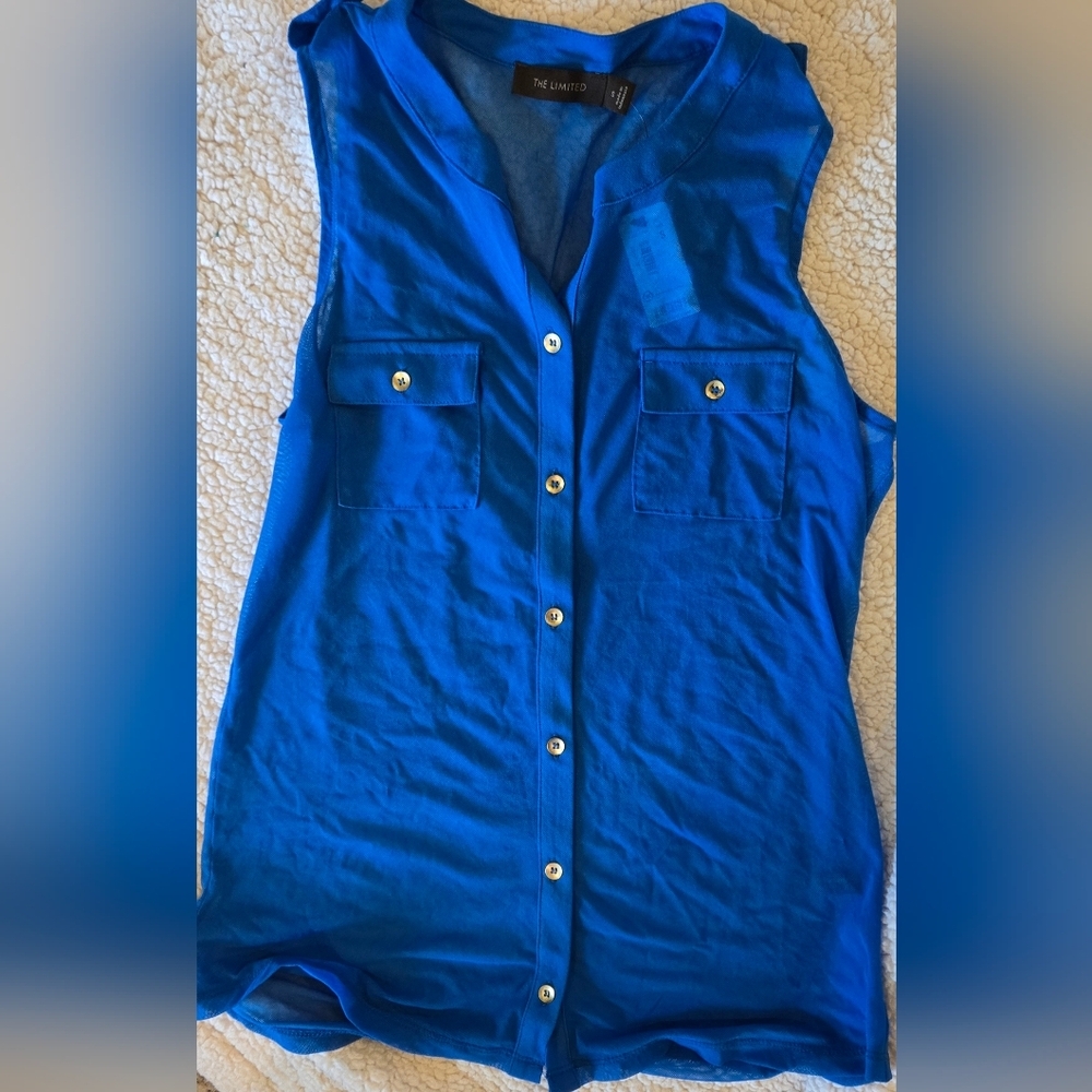 The Limited Blue Blouse Elegant Sleeveless Button Up With Pockets Top Size Small